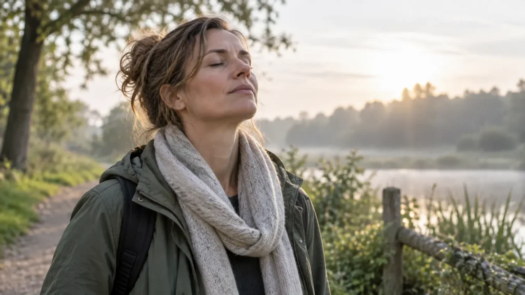 Vrouw ademt rustig buiten, herstelmoment bij overprikkeling