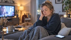 Vrouw overprikkeld op de bank, handen tegen haar slaap door schermen en geluid